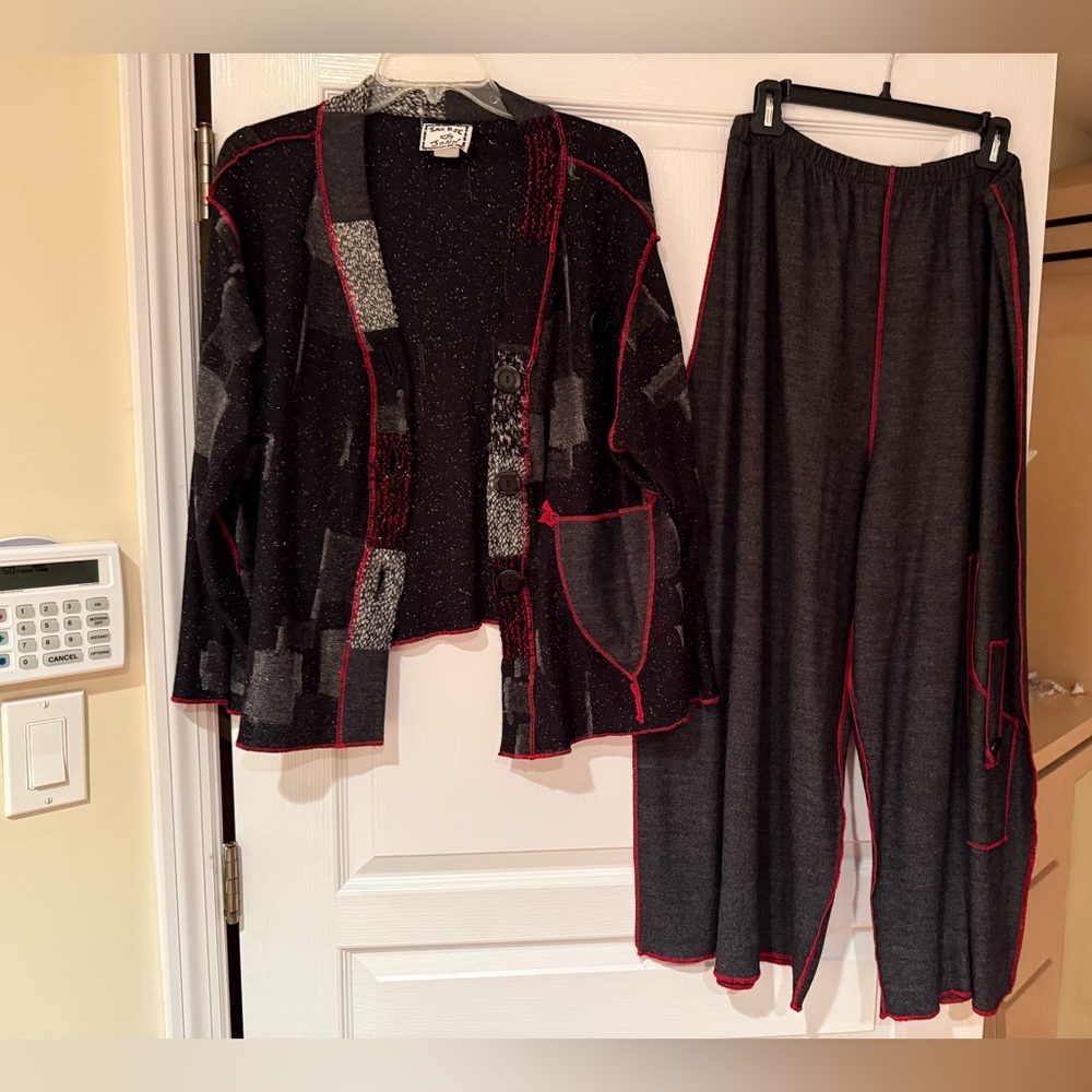 Jackie ❤️John Unique Wool  Grey and Red Cardigan M  and Wide Pants L